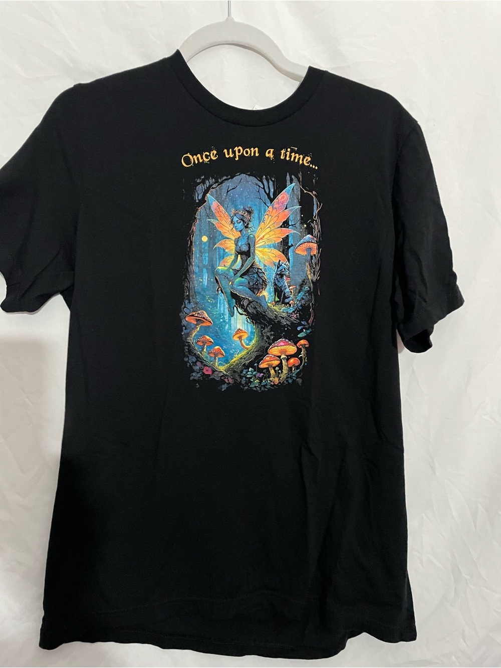 Bella Canvas Black Tee with Colorful Fairy and Mushroom Graphic